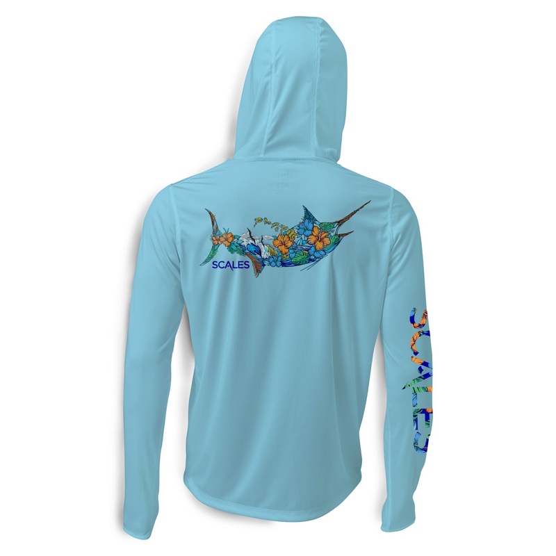 SCALES 808 Marlin Hooded Long Sleeve Performance Shirt Light Blue Small