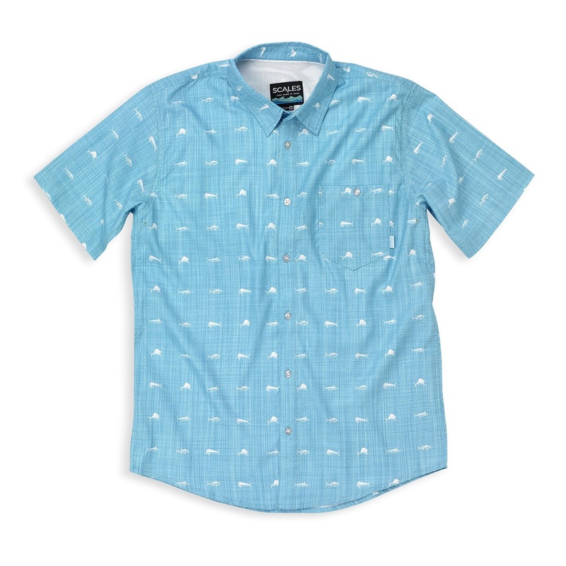 SCALES Clean Fish Performance Short Sleeve Button Down Shirt Heather Seafoam Medium