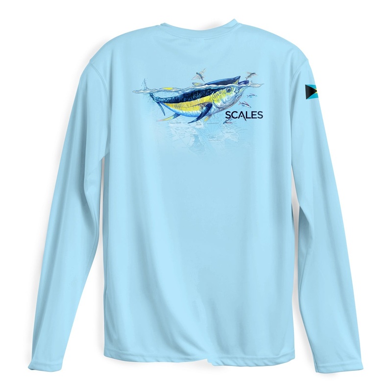 SCALES Men's Tuna Frenzy Long Sleeve Performance Shirt Light Blue Small
