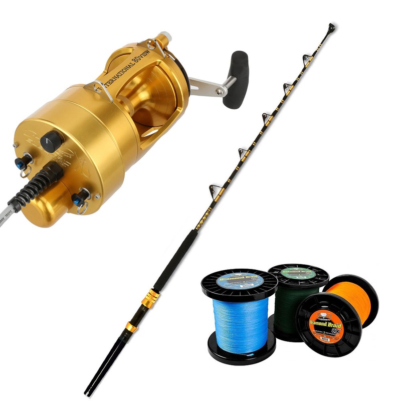 PENN INTL VI Hooker 80 VISW Autostop Gold w/ CHAOS Rodzilla 60-130 6FT Gold 100# Blue Momoi Diamond Braid 3000 yard spool