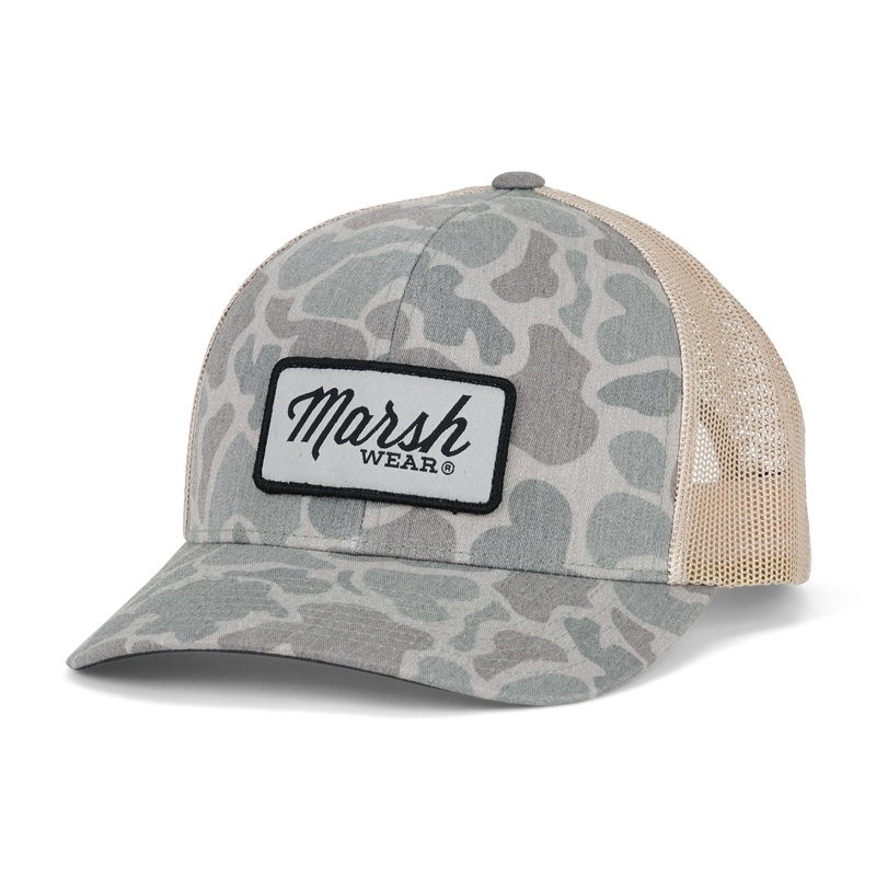 Marsh Wear Script Trucker Hat Dark Green Mallard Camo