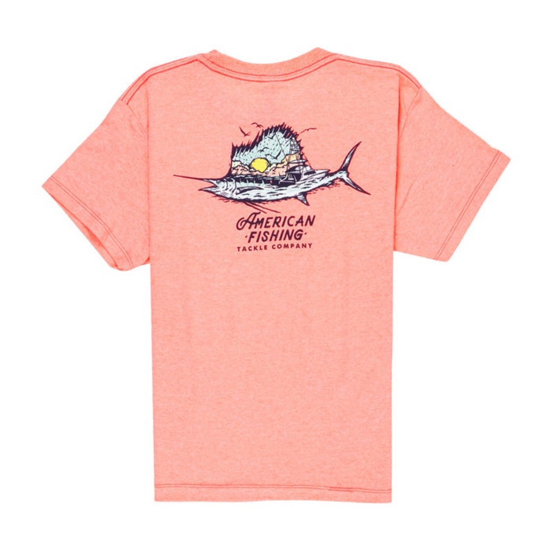 AFTCO Youth Sailfishing Short Sleeve T-Shirt Neon Peach Heather Youth Small