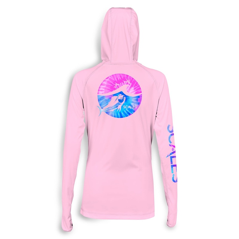 SCALES Tide Dye Flyer Womens Hooded Performance Shirt Light Blue Small