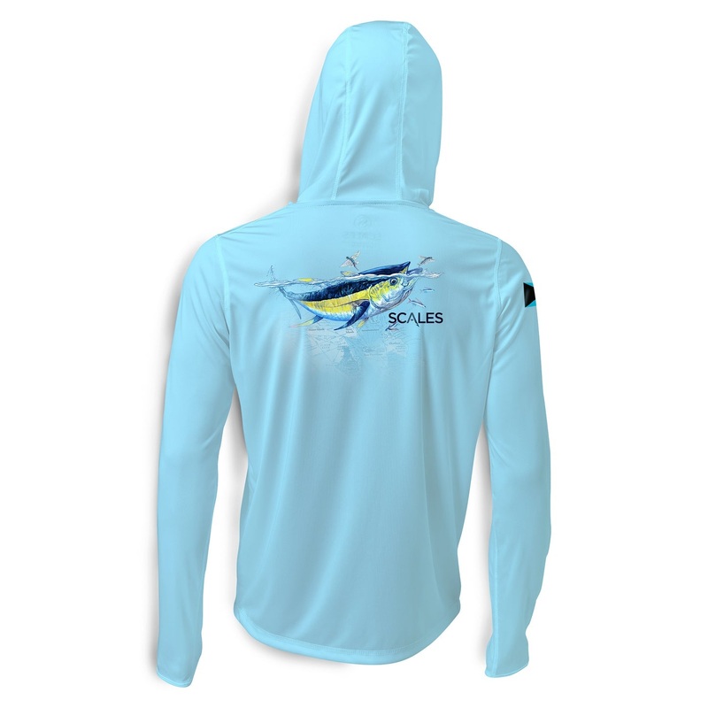 SCALES Tuna Frenzy Hooded Long Sleeve Performance Shirt Light Blue Small
