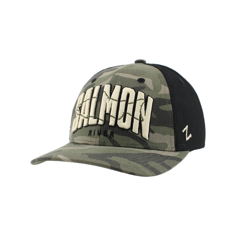 Fat Nancy's Salmon River Mesh Camo Hat Faded Green Woodland Camp/Black