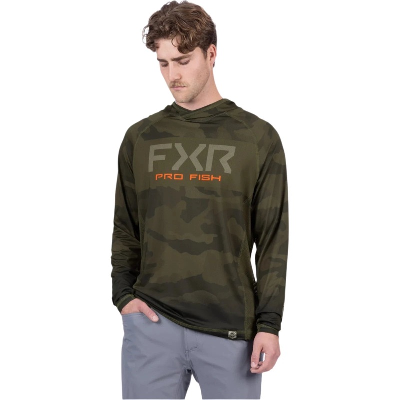 FXR Men's Derby Camo Air UPF Pullover Hoodie Army Camo/ Orange M