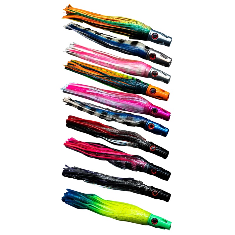RED EYE LURES Aluminum Jet Head Small - 7.5" Green/Yellow/Orange Skirt
